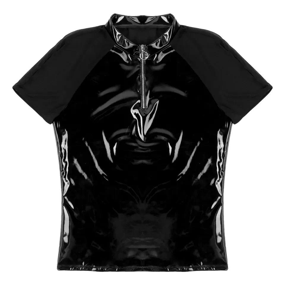 Men's Sexy Shiny Leather T-Shirt – Erotic Wetlook PVC & Metallic Latex Coat Jacket - Passion Pulse Adult