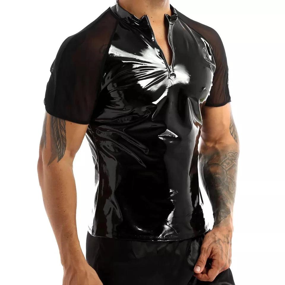 Men's Sexy Shiny Leather T-Shirt – Erotic Wetlook PVC & Metallic Latex Coat Jacket - Passion Pulse Adult