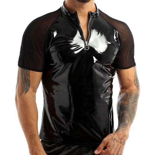 Men's Sexy Shiny Leather T-Shirt – Erotic Wetlook PVC & Metallic Latex Coat Jacket - Passion Pulse Adult