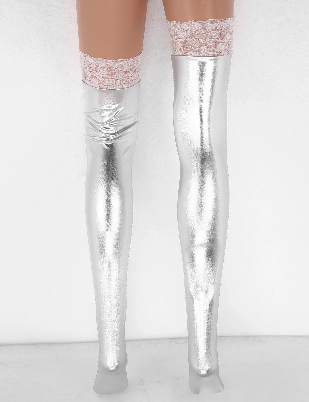 Wet Look Faux Leather Thigh-High Stockings - Passion Pulse Adult