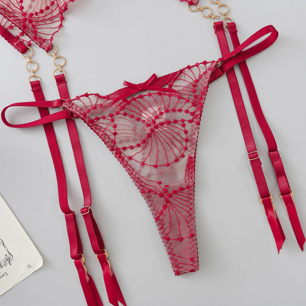 Elegant Floral Lace Lingerie Set for Women – Garter Belt, G-String, and Underwire Bra with Adjustable Straps - Passion Pulse Adult