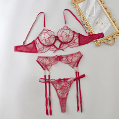 Elegant Floral Lace Lingerie Set for Women – Garter Belt, G-String, and Underwire Bra with Adjustable Straps - Passion Pulse Adult