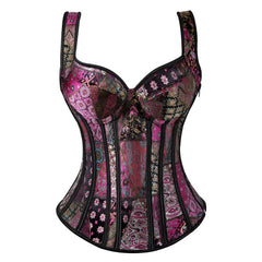 Women’s Floral Jacquard Overbust Corset – Gothic Steampunk Zipper Bustier with Straps - Passion Pulse Adult
