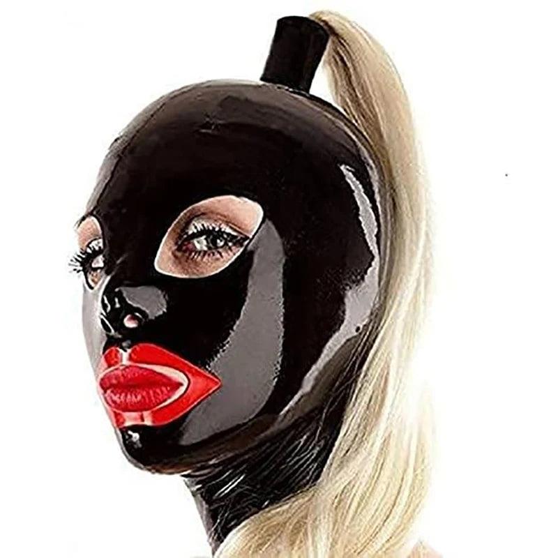 Red Latex Hood with Blonde Ponytail Wig – Full Face Rubber Mask for Cosplay, Clubwear, and Party Costumes - Passion Pulse Adult