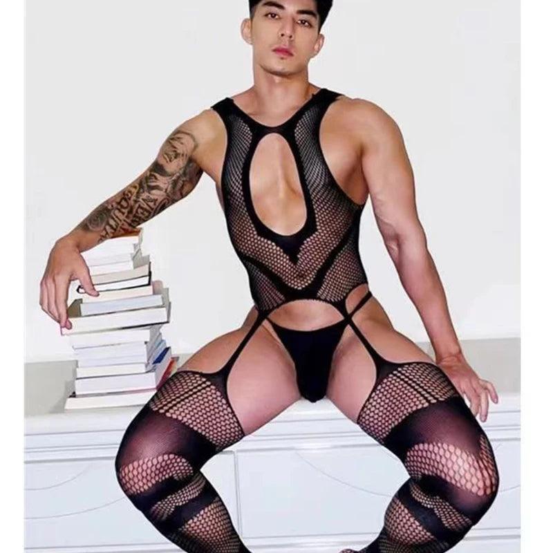 Sexy Men's Pajamas One-Piece – Transparent Crotchless Bodystocking & Erotic Sleeveless Jumpsuit - Passion Pulse Adult