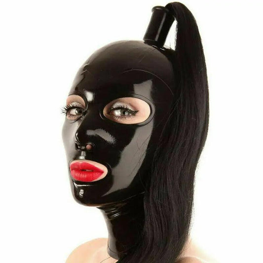 Red Latex Hood with Blonde Ponytail Wig – Full Face Rubber Mask for Cosplay, Clubwear, and Party Costumes - Passion Pulse Adult