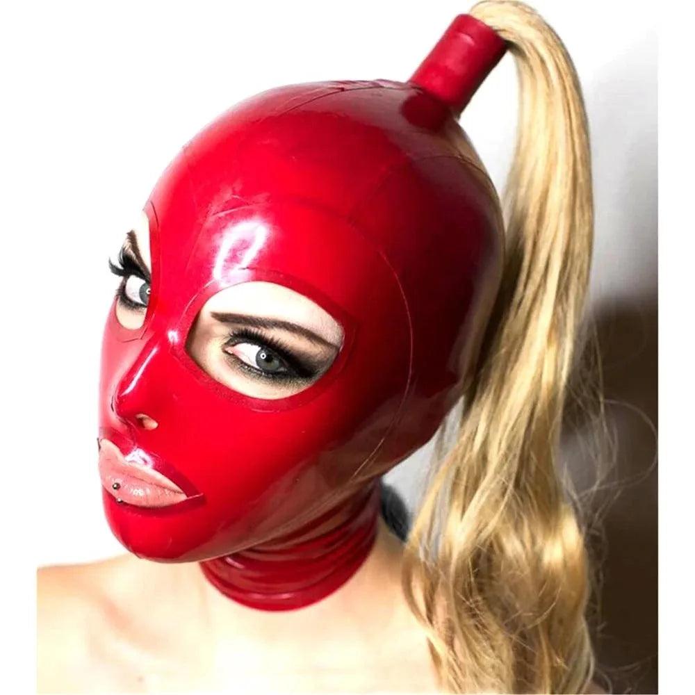 Red Latex Hood with Blonde Ponytail Wig – Full Face Rubber Mask for Cosplay, Clubwear, and Party Costumes - Passion Pulse Adult