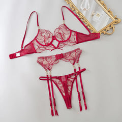 Elegant Floral Lace Lingerie Set for Women – Garter Belt, G-String, and Underwire Bra with Adjustable Straps - Passion Pulse Adult