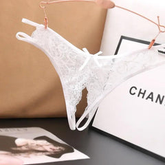 Lace Floral Crotchless G-String Panties with Bow Accent - Passion Pulse Adult