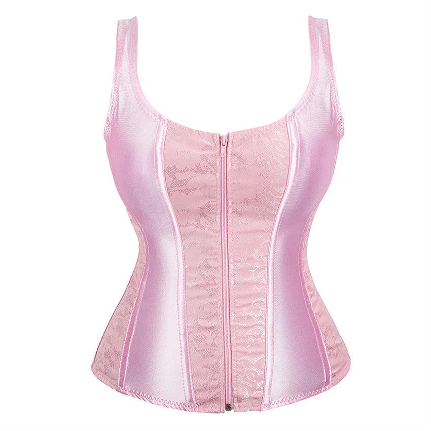 Women’s Floral Jacquard Overbust Corset – Gothic Steampunk Zipper Bustier with Straps - Passion Pulse Adult