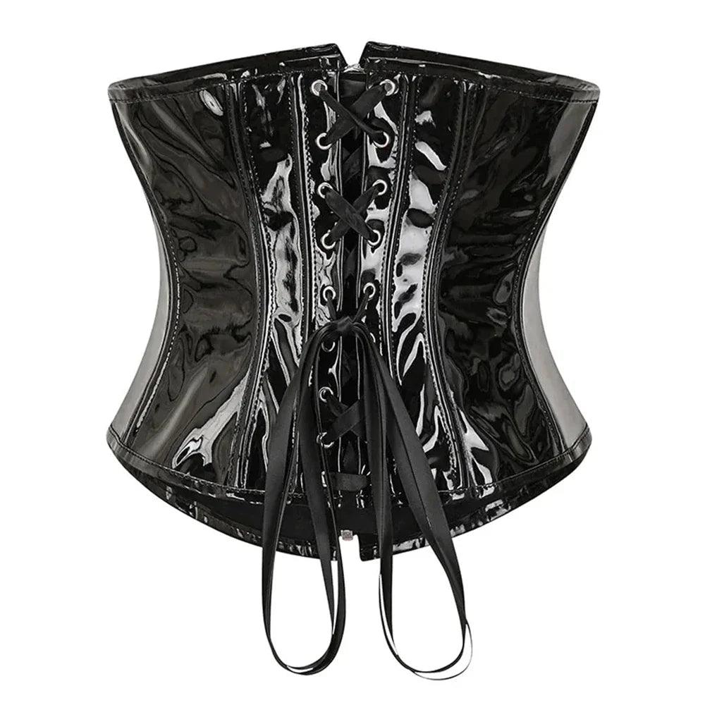 PU Leather Corset Top – Shiny PVC Steampunk Gothic Underbust Waist Cincher for Women - Passion Pulse Adult