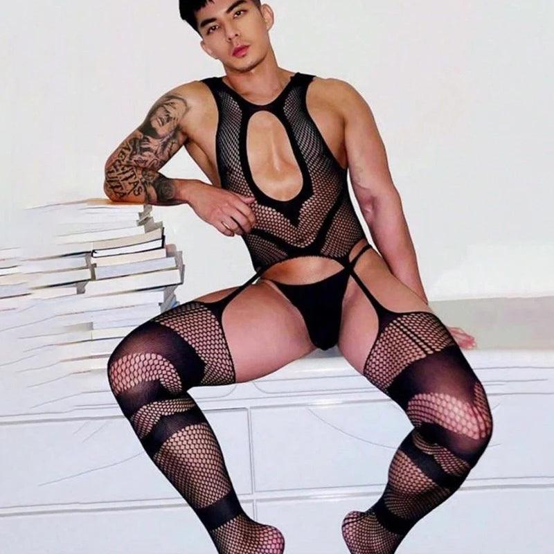 Sexy Men's Pajamas One-Piece – Transparent Crotchless Bodystocking & Erotic Sleeveless Jumpsuit - Passion Pulse Adult