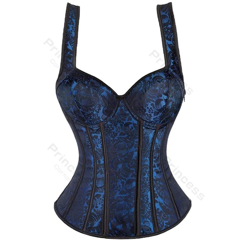 Women’s Floral Jacquard Overbust Corset – Gothic Steampunk Zipper Bustier with Straps - Passion Pulse Adult