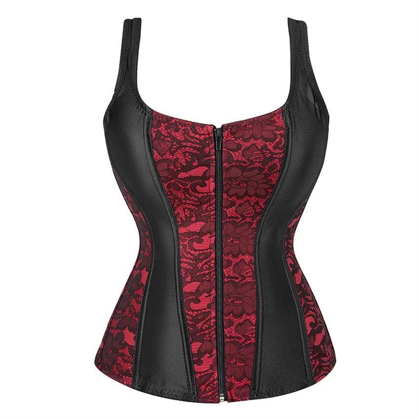Women’s Floral Jacquard Overbust Corset – Gothic Steampunk Zipper Bustier with Straps - Passion Pulse Adult