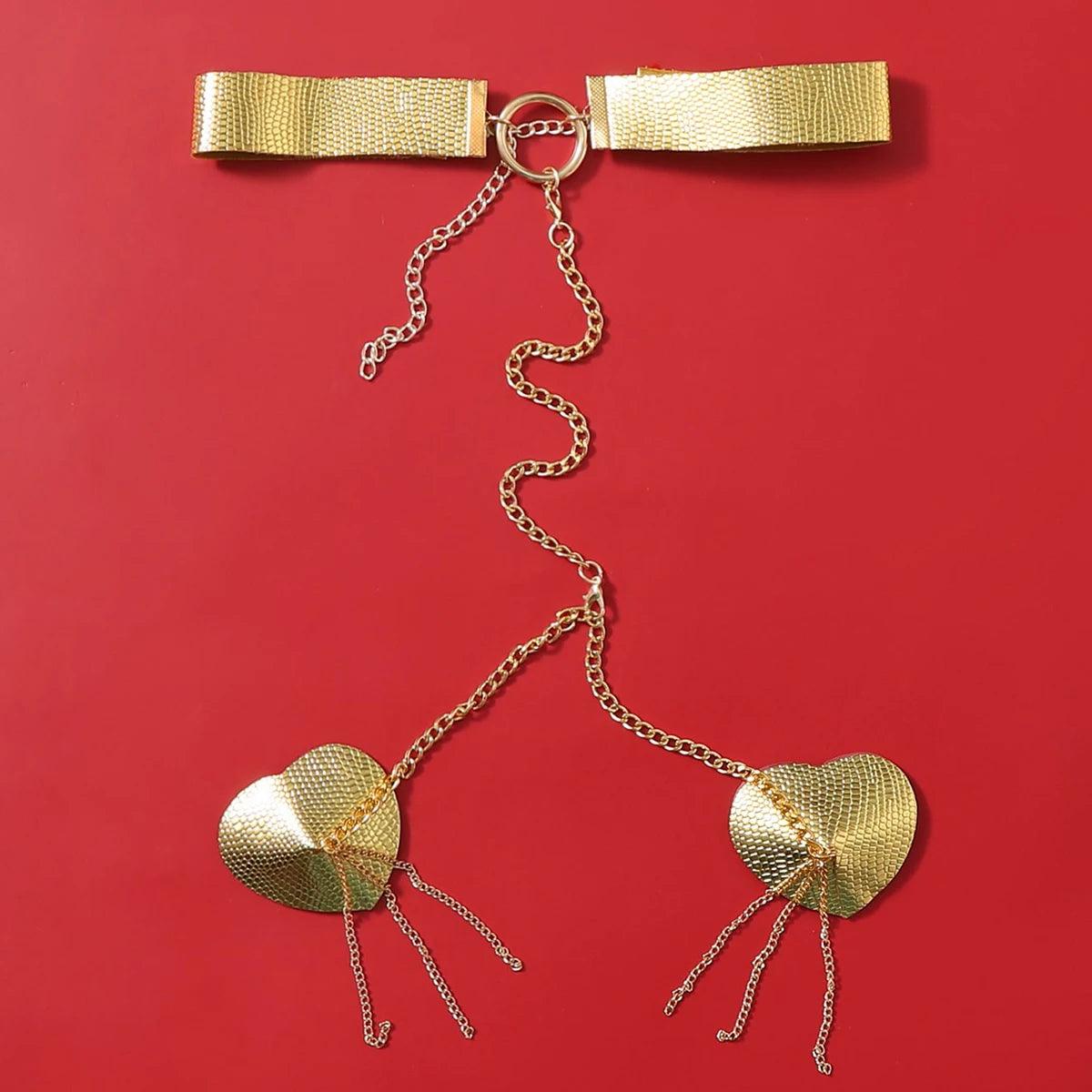 Heart Tassel Leather Nipple Covers with Chain & Choker - Passion Pulse Adult