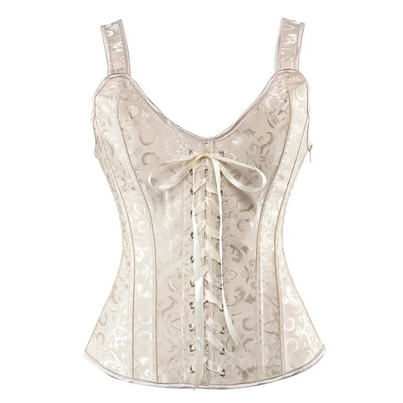 Women’s Floral Jacquard Overbust Corset – Gothic Steampunk Zipper Bustier with Straps - Passion Pulse Adult