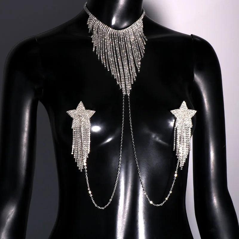 Shiny Rhinestone Star Tassel Breast Patch – Sexy Nipple Patch & Body Chain Jewelry - Passion Pulse Adult