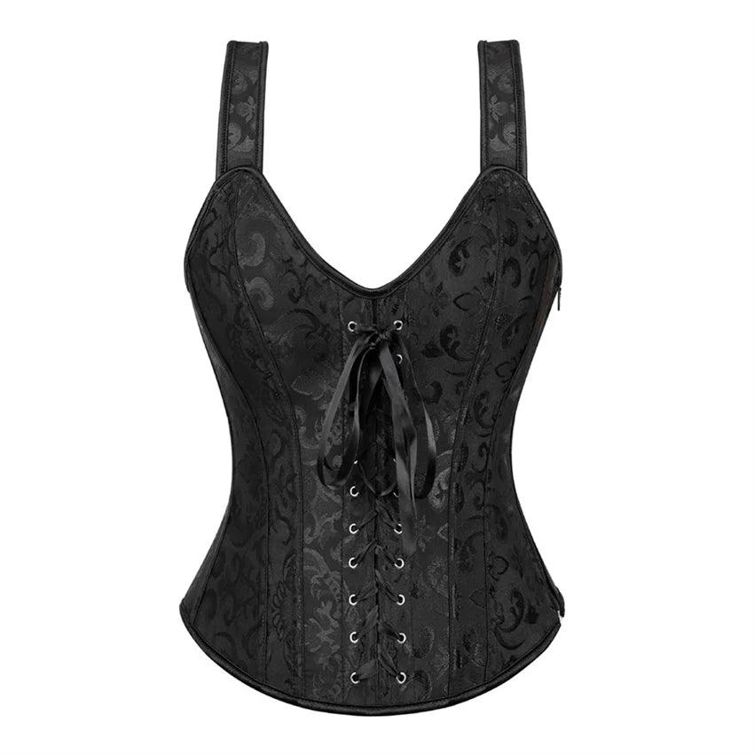 Women’s Floral Jacquard Overbust Corset – Gothic Steampunk Zipper Bustier with Straps - Passion Pulse Adult