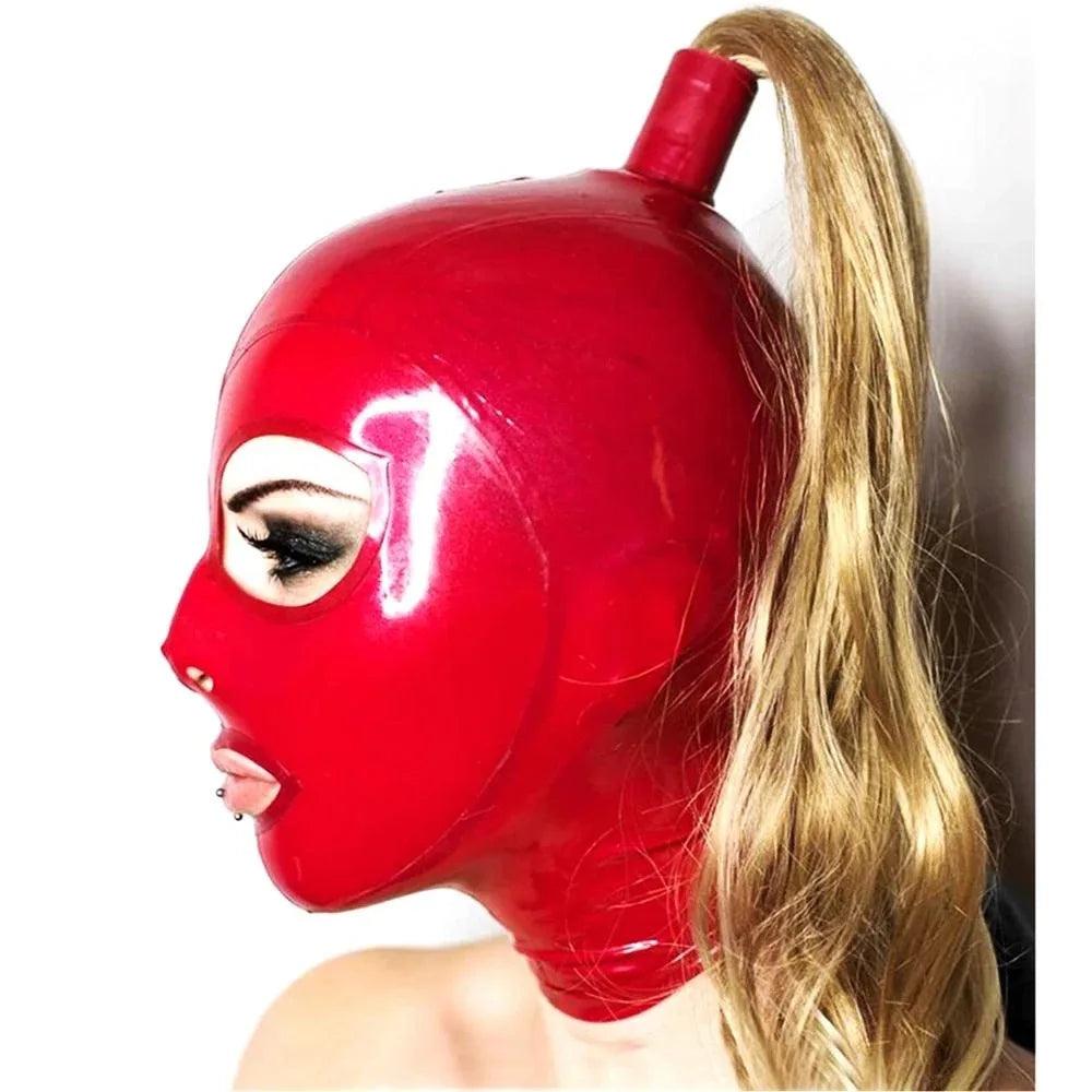 Red Latex Hood with Blonde Ponytail Wig – Full Face Rubber Mask for Cosplay, Clubwear, and Party Costumes - Passion Pulse Adult