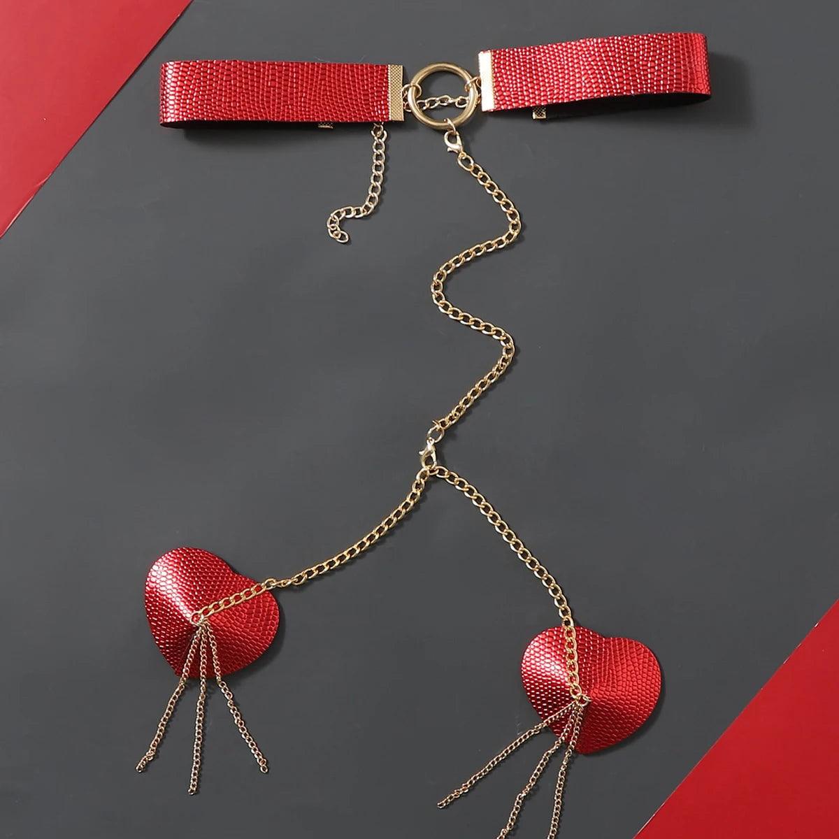 Heart Tassel Leather Nipple Covers with Chain & Choker - Passion Pulse Adult