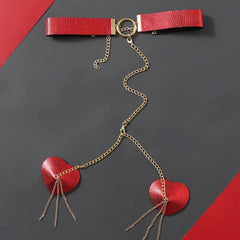 Heart Tassel Leather Nipple Covers with Chain & Choker - Passion Pulse Adult