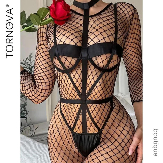 Tornova Sexy Fishnet Lingerie – Hollow Breasts See-Through Jumpsuit for Women - Passion Pulse Adult