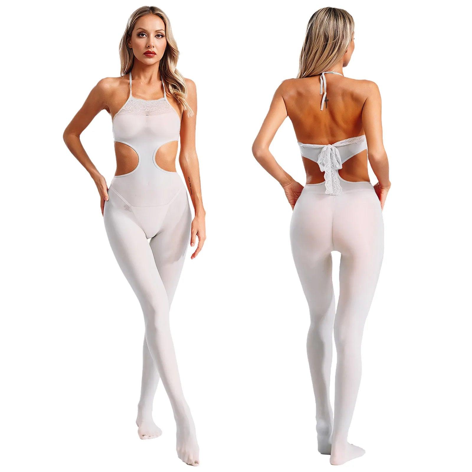 Sissy Women Cutout See-Through Jumpsuit – Lace Trim Halter Neck Bodystocking with Tights - Passion Pulse Adult