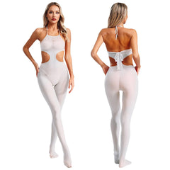 Sissy Women Cutout See-Through Jumpsuit – Lace Trim Halter Neck Bodystocking with Tights - Passion Pulse Adult