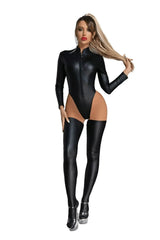 Sexy Wetlook Faux Leather Catsuit – Open Crotch PVC Latex Bodysuit with Stockings - Passion Pulse Adult