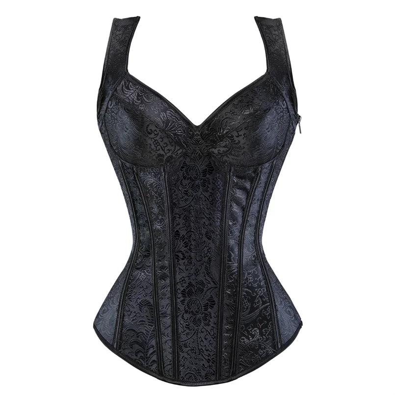 Women’s Floral Jacquard Overbust Corset – Gothic Steampunk Zipper Bustier with Straps - Passion Pulse Adult