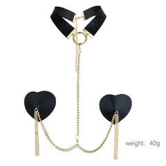 Heart Tassel Leather Nipple Covers with Chain & Choker - Passion Pulse Adult