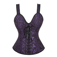 Women’s Floral Jacquard Overbust Corset – Gothic Steampunk Zipper Bustier with Straps - Passion Pulse Adult