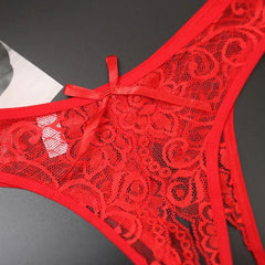Lace Floral Crotchless G-String Panties with Bow Accent - Passion Pulse Adult