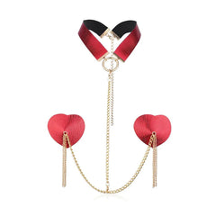 Heart Tassel Leather Nipple Covers with Chain & Choker - Passion Pulse Adult
