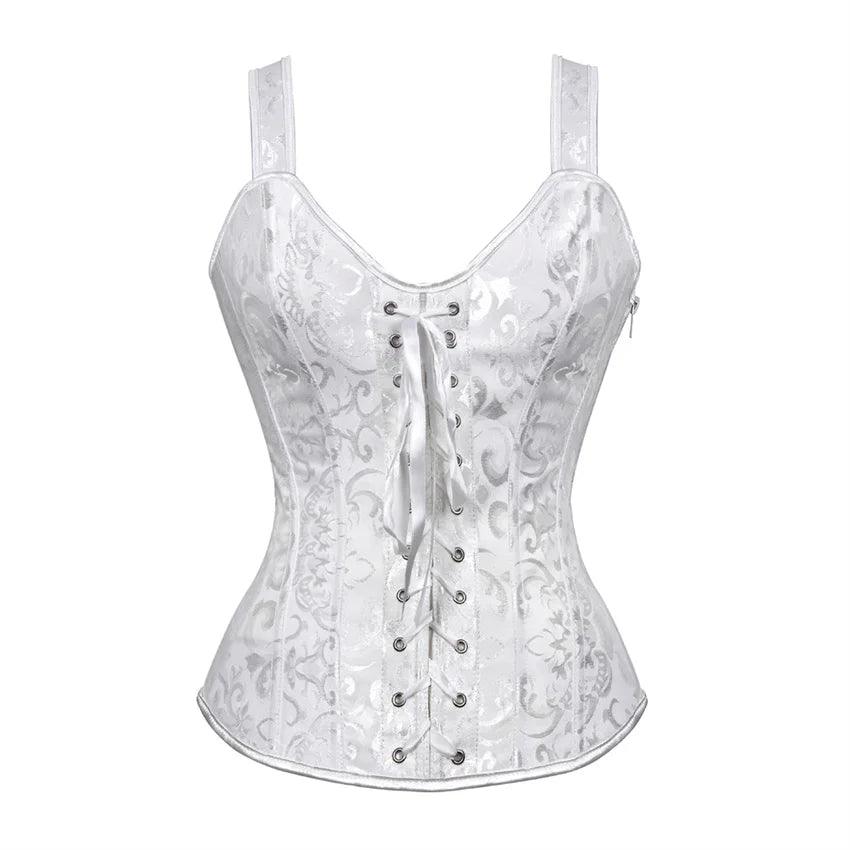 Women’s Floral Jacquard Overbust Corset – Gothic Steampunk Zipper Bustier with Straps - Passion Pulse Adult