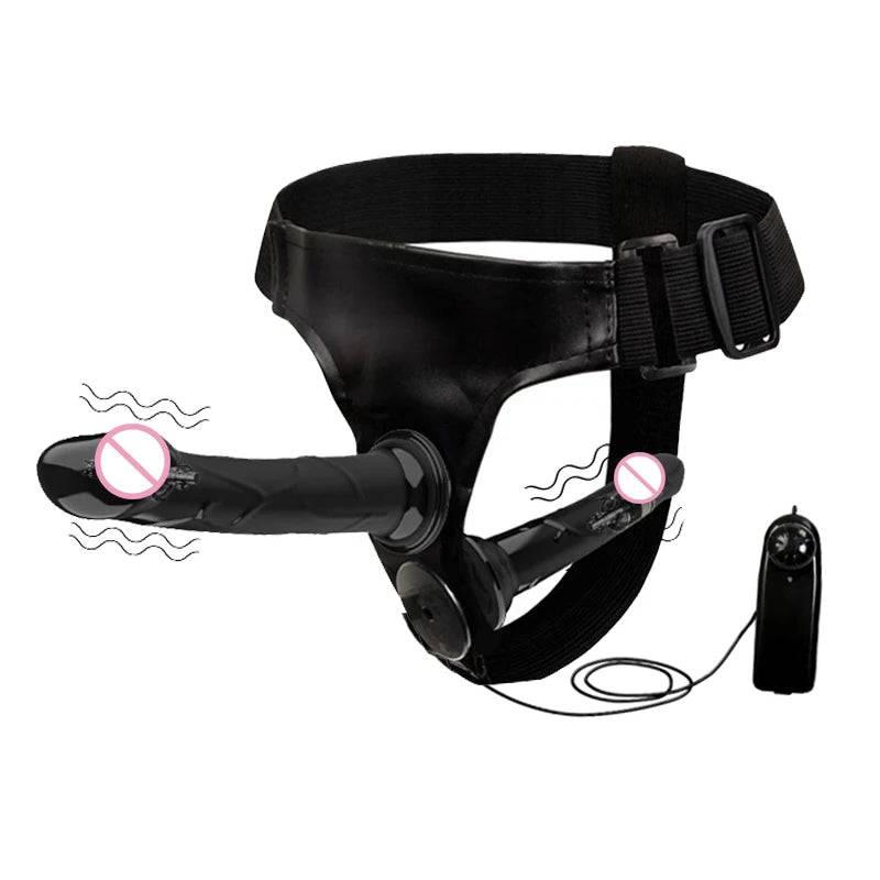 Double Penis Realistic Dildo Vibrator: Ultra Elastic Strap-On Harness for Women - Adult Sex Toy for Lesbians - Passion Pulse Adult
