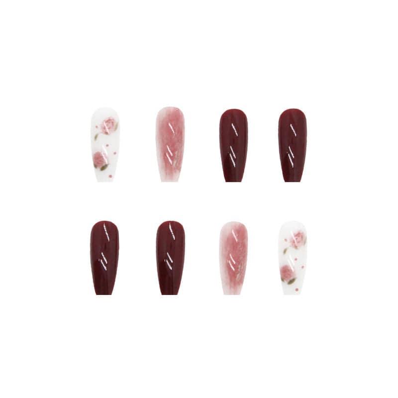 Elegant Burgundy Floral Press-On Nails Set - Passion Pulse Adult
