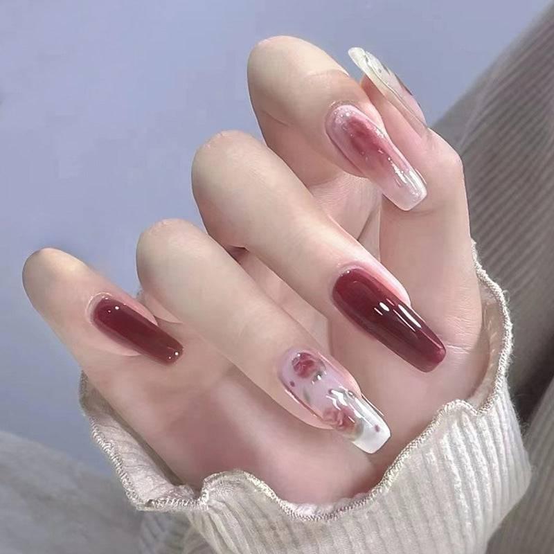 Elegant Burgundy Floral Press-On Nails Set - Passion Pulse Adult