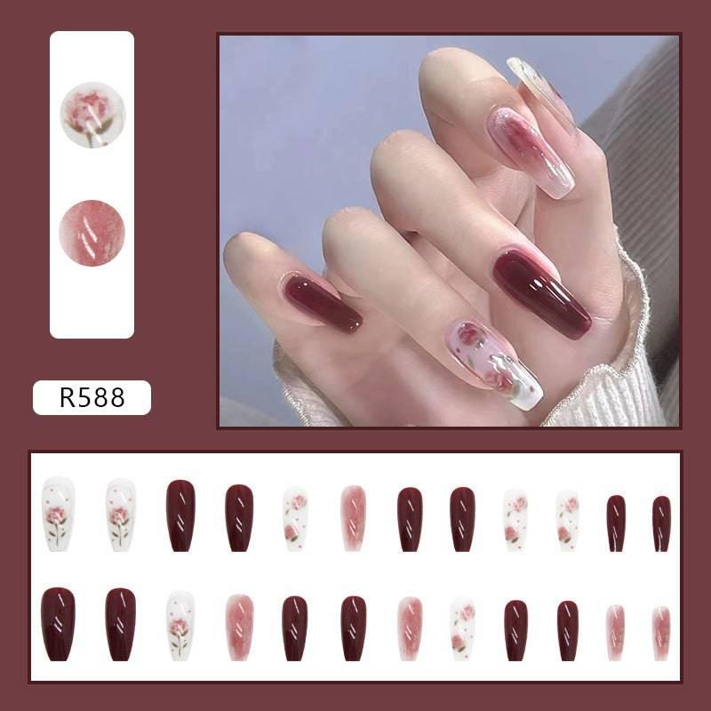 Elegant Burgundy Floral Press-On Nails Set - Passion Pulse Adult