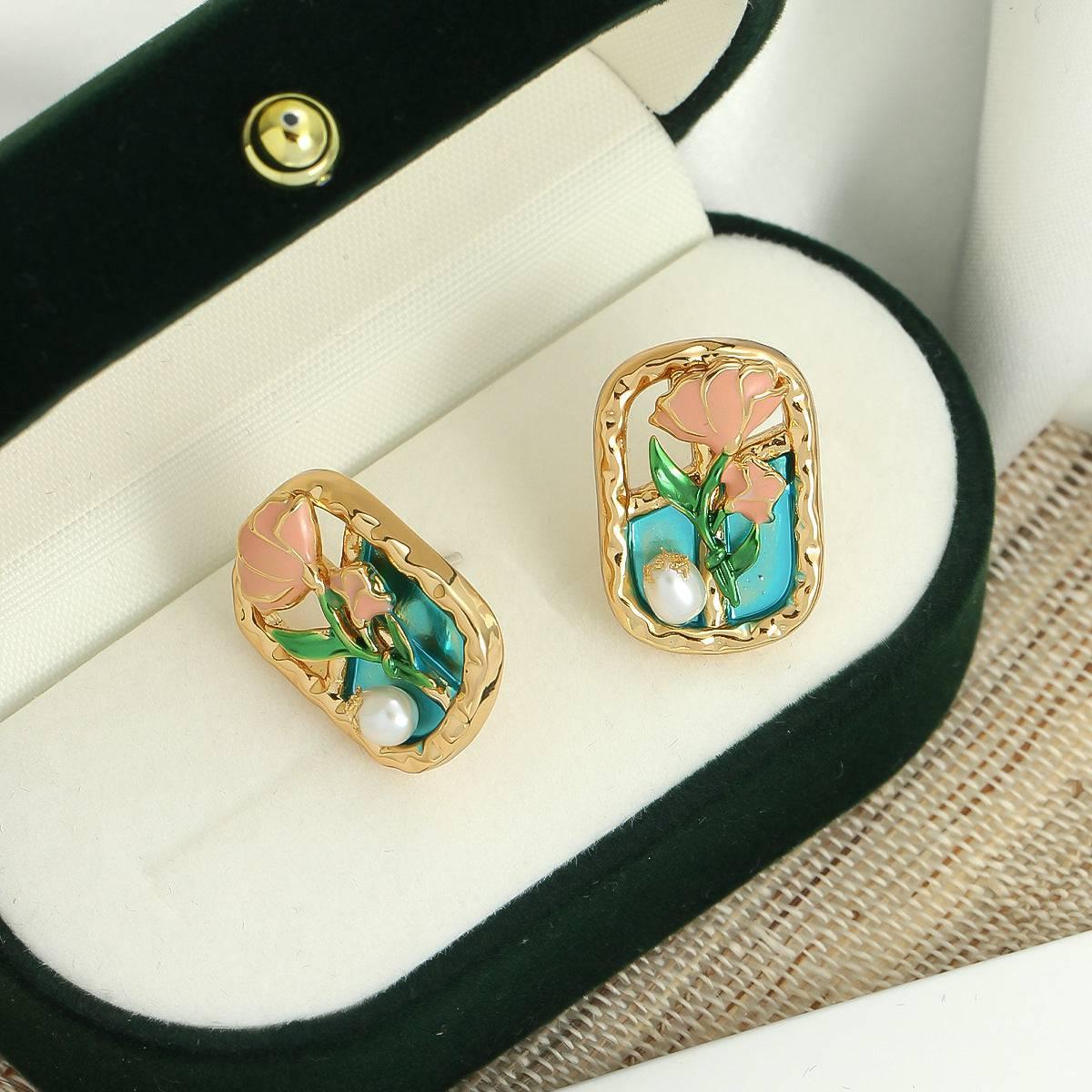 Forest Style Oil Painting Frame Flower Earrings - Passion Pulse Adult