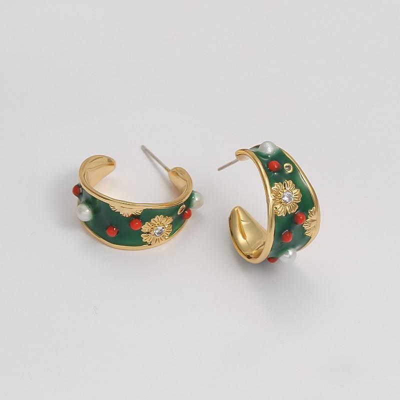 Smoke Green Enamel Earrings adorned with freshwater pearl flowers and silver needle studs - Passion Pulse Adult