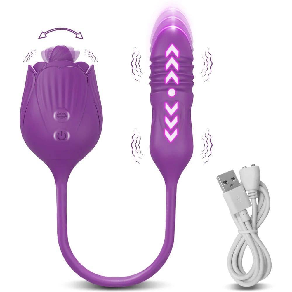 Rose Vibrator with Tongue Licking & Telescopic Dildo - Passion Pulse Adult