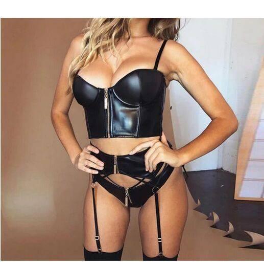 Black Leather Lingerie Set - Passion Pulse Adult