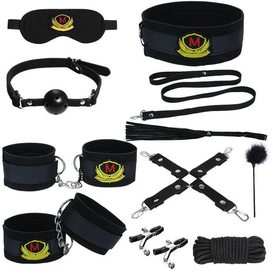 SM 11-Piece Set: Rope, Handcuffs, Nipple Clamps, Ball Gag - Passion Pulse Adult