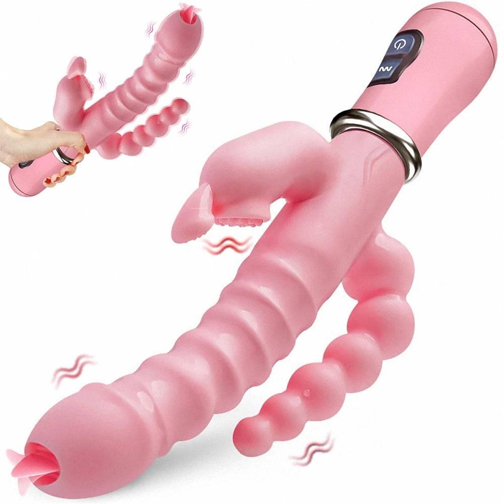 LicklIp 3-in-1 Rabbit Vibrator – Dildo with Tongue-Licking & Dual Rod Stimulation - Passion Pulse Adult