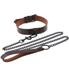 Adjustable BDSM Collar with Leash – Rivet Choker and Steel Chain Set for Couples Roleplay and Bondage Play
