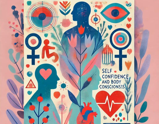 Self confidence and body consciousness artwork with gender symbols, heart, and floral designs