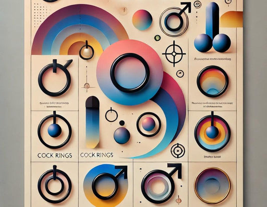 Cock rings collection with colorful gradient designs and male symbol icons for adult pleasure products