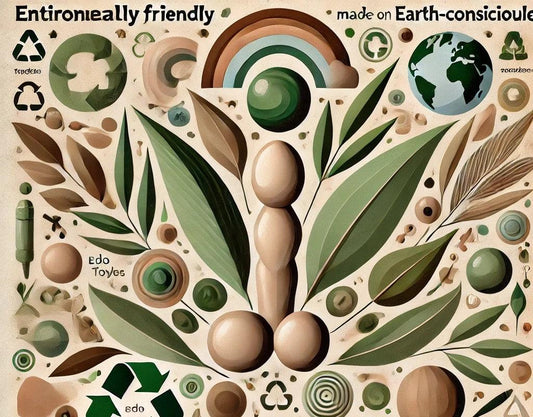 Eco-friendly adult toy with green leaves, recycle symbols, and earth elements for sustainable pleasure