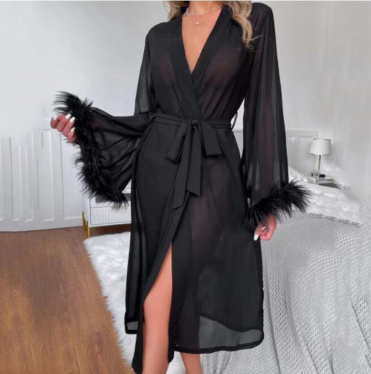 Simulated Silk Feather Long-Sleeve Pajama Set - Passion Pulse Adult